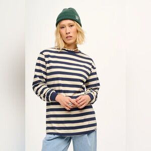 lucy & yak kenny long sleeve cotton top in navy and ecru